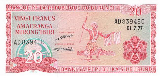 Burundi p27a 20 Francs 1977